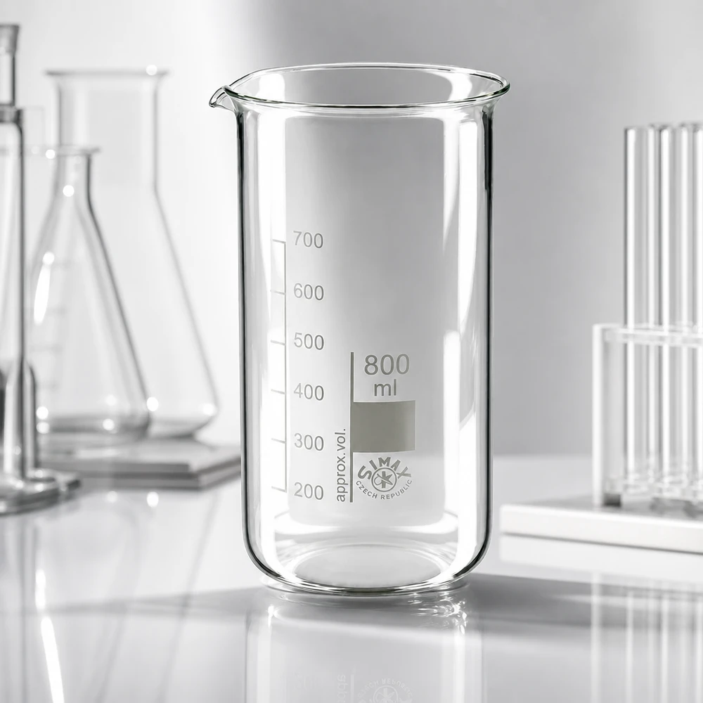 Zlewka 800 ml ze szkła borokrzemowego, wysoka Przezroczysta zlewka laboratoryjna o pojemności 800 ml i wysokim kształcie, wykonana z żaroodpornego szkła borokrzemowego firmy SIMAX