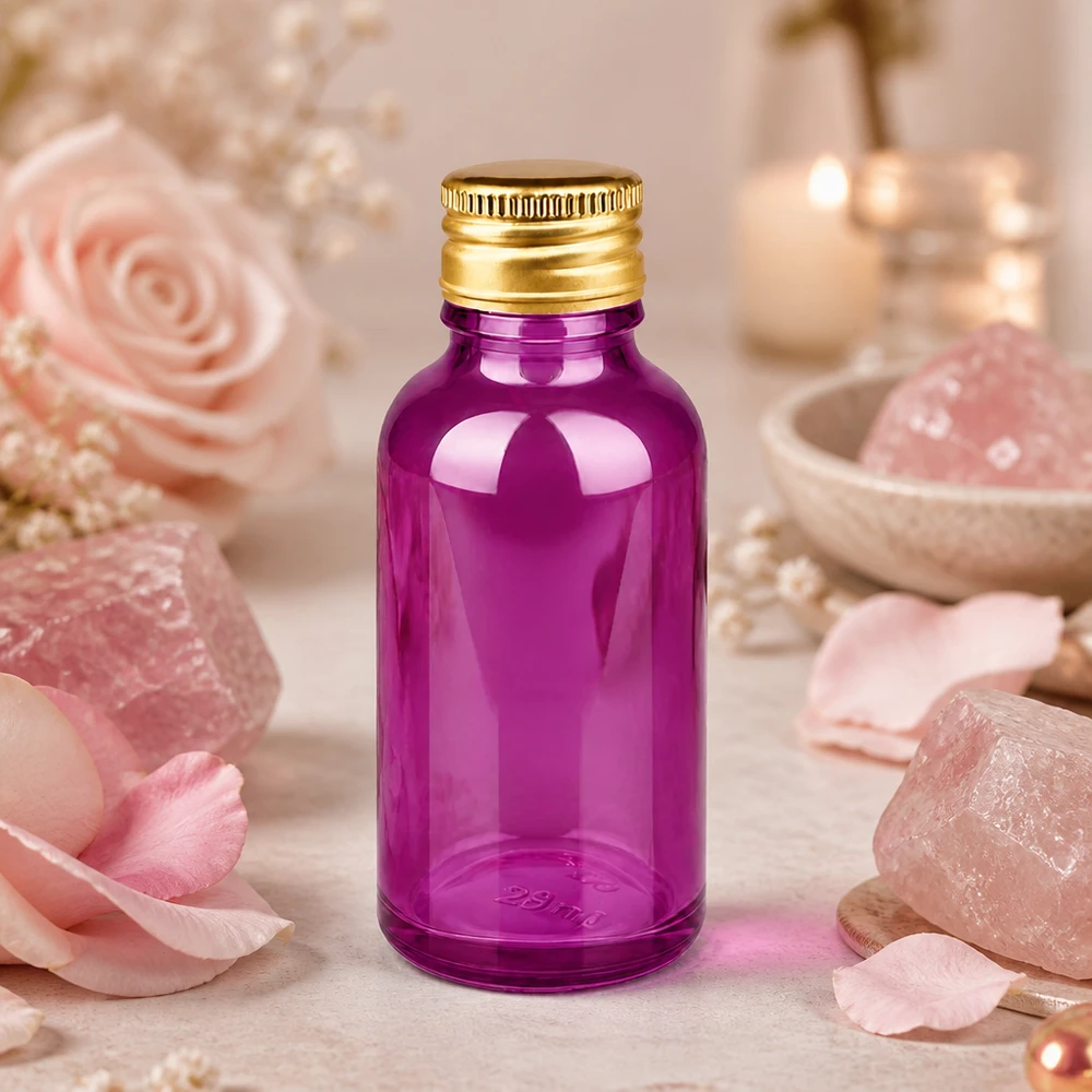 Butelka 30ml 11mm zakrętka aluminiowa złota standard PurpleLine. UT18/30 Wysokiej jakości szklana butelka o pojemności 30 ml w kolorze fioletowym premium z odporną na korozję aluminiową nasadką zapewniającą trwałość.