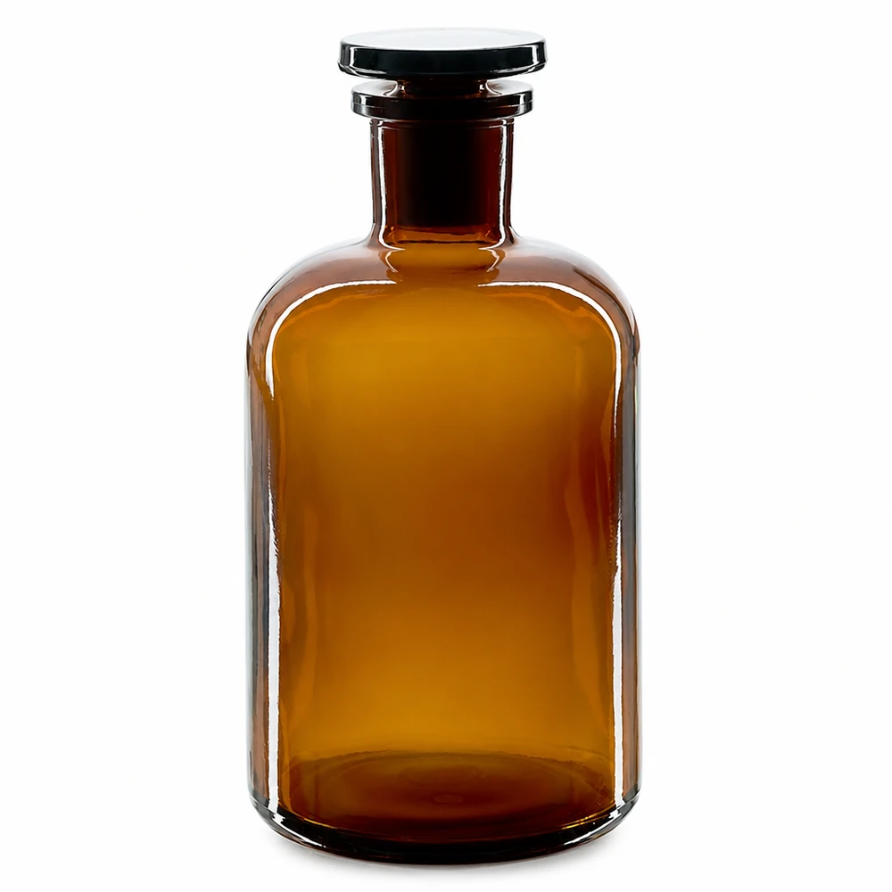Okrągła butelka na ramię 500 ml z brązową wąską szyjką i szklanym korkiem Brązowa butelka z zaokrąglonymi ramionami o pojemności 500 ml z szklanym korkiem i wąską szyjką, przeznaczona do zastosowań laboratoryjnych
