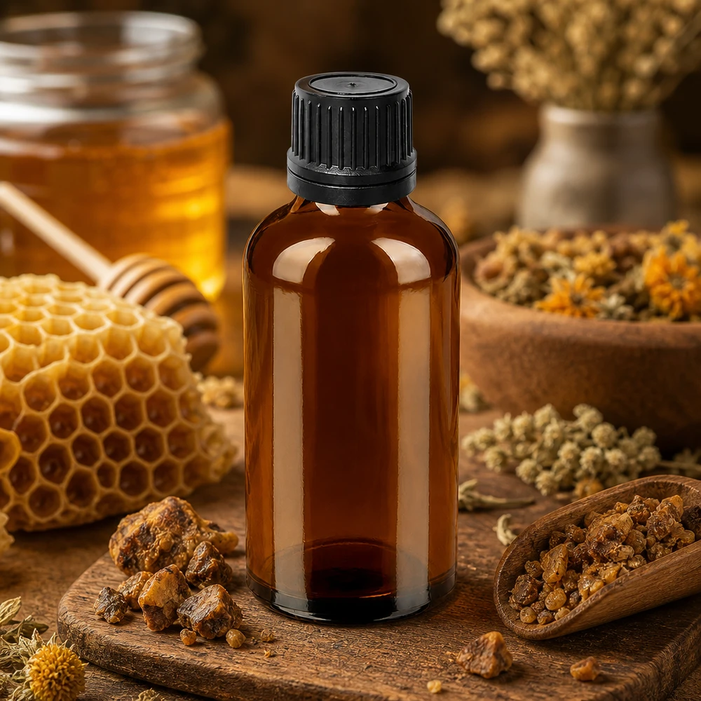 Wysokiej jakości butelka aptekarska 50 ml wykonana z brązowego szkła chroniącego przed promieniowaniem UV z czarną zakrętką do produktów naturalnych