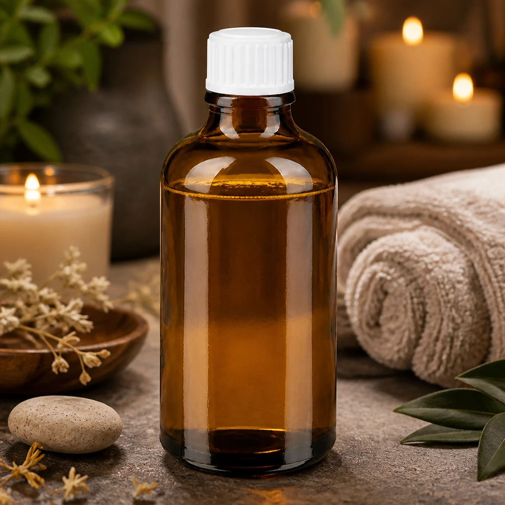 Butelka apteczna brązowa 50ml zakrętka biała szt. Mała brązowa szklana buteleczka o pojemności 50 ml z białym zamknięciem, otoczona akcesoriami wellness i świecami