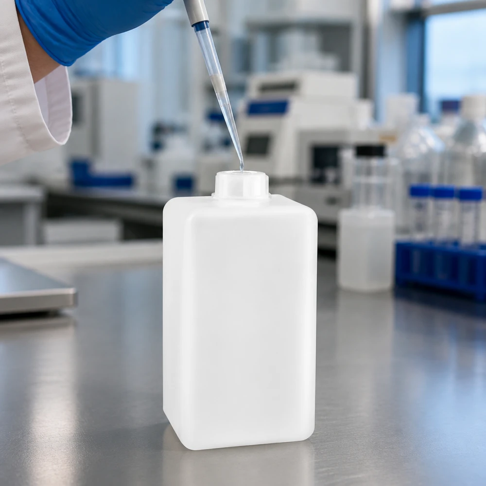 Butelka na chemikalia 1500 ml, wąska szyjka z PE-HD, kolor naturalny Laborant pipetuje płyn do butelki na chemikalia z PE-HD o pojemności 1500 ml, z wąską szyjką, w kolorze naturalnym, w laboratorium