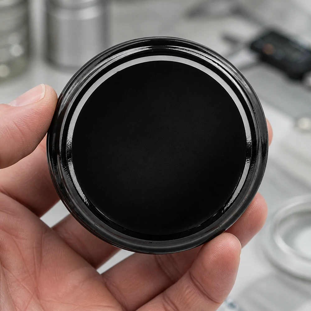 Pokrywka BasicSeal 63 mm, czarna (TO63) UNiTWIST Zbliżenie na matową powierzchnię wewnętrzną czarnej pokrywki BasicSeal TO63 o średnicy 63 mm firmy UNiTWIST