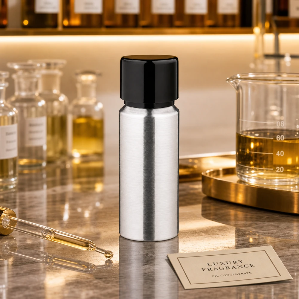 Butelka z polerowanego aluminium o pojemności 20 ml z zakrętką Wysokiej jakości aluminiowa butelka o pojemności 20 ml z polerowaną srebrną powierzchnią do luksusowych olejków zapachowych i esencji.