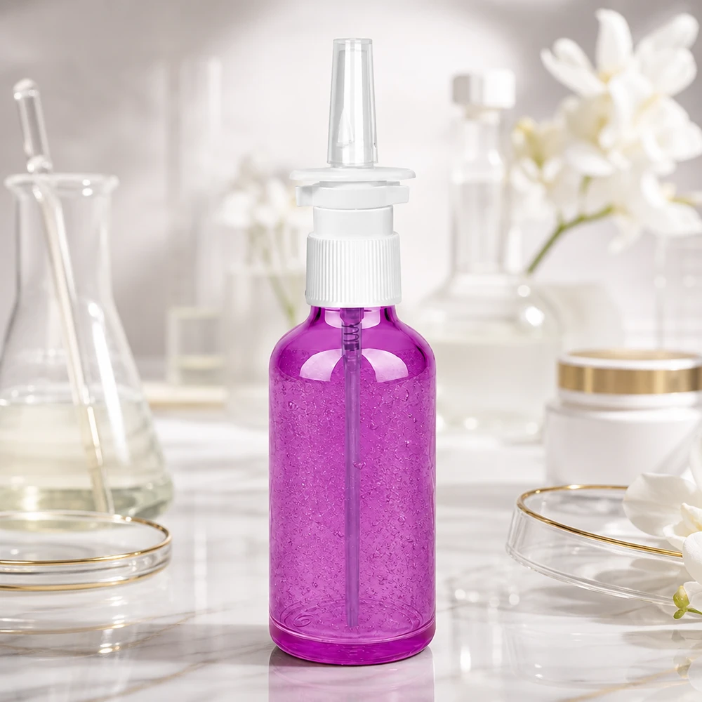 Wysokiej jakości butelka z aerozolem do nosa o pojemności 50 ml o ergonomicznym kształcie w kolorze fioletowym zapewnia wygodną obsługę.