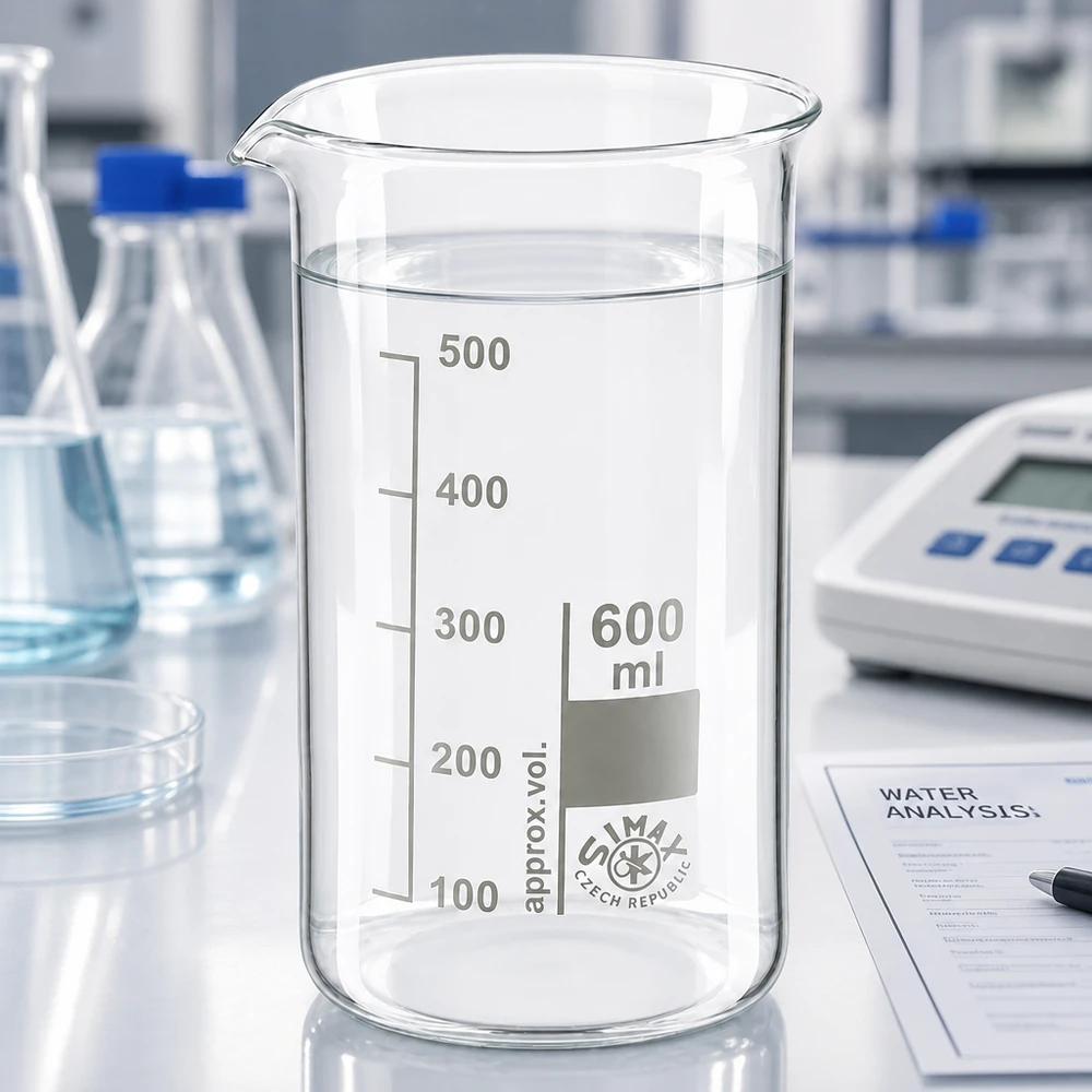 Szklanka Simax o pojemności 600 ml, wysoka, ze szkła borokrzemowego, z czystą wodą na białym stole laboratoryjnym