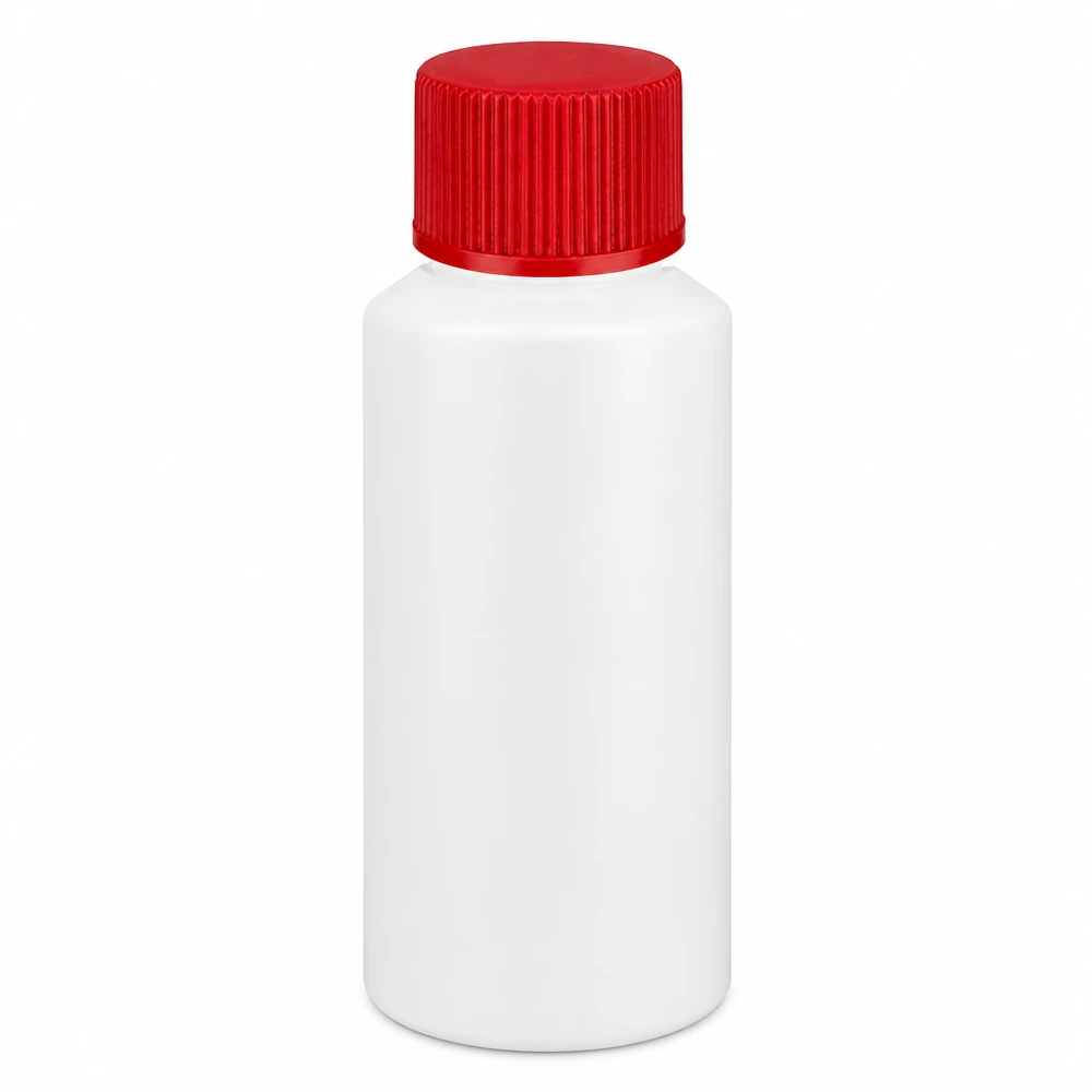 Butelka apteczna HDPE 30ml biała, z czerwonym SV Butelka apteczna z HDPE, 30 ml, biała, z czerwoną zakrętką