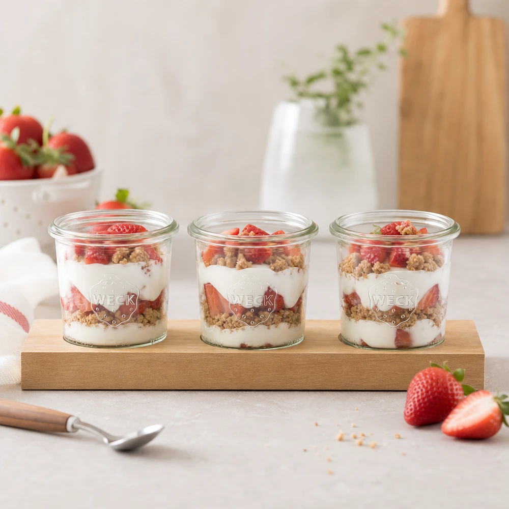 Deska do serwowania Plano3 z 3 słoikami Weck o pojemności 140 ml Słoiczki WECK 140 ml z jogurtem i deserem truskawkowym podawane na śniadanie na drewnianej desce do serwowania Plano3.