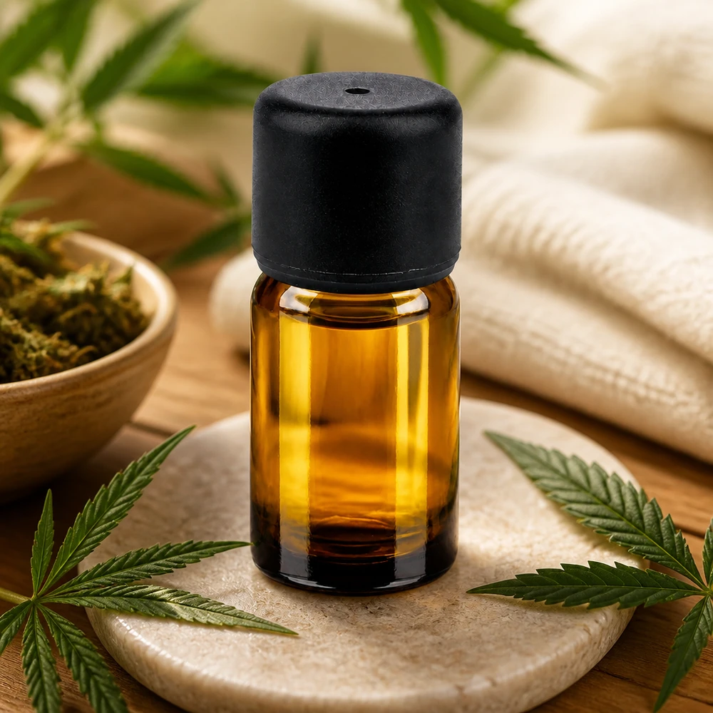 Mała butelka z brązowego szkła o pojemności 5 ml z czarnym zakraplaczem do naturalnych olejków i esencji