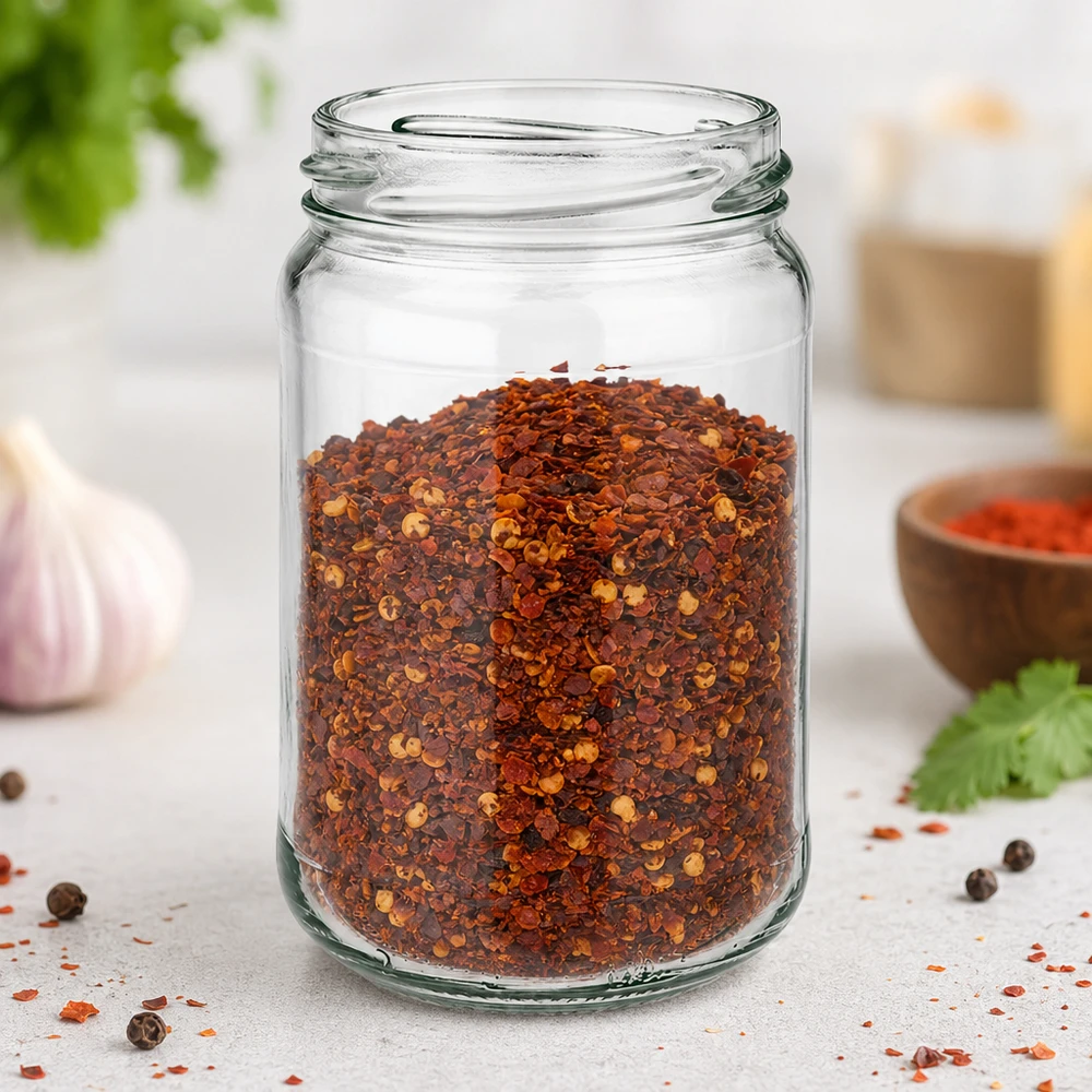 UNiTWIST Runda305 okrągły słoik 305ml TO63 wypełniony płatkami chili na blacie kuchennym z przyprawami