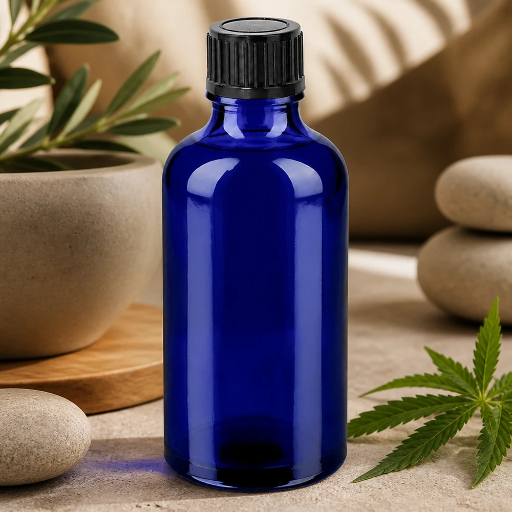 50 ml butelka 11 mm SV czarna STD BlueLine UT18/50 50 ml szklana butelka BlueLine z ochroną UV i czarną zakrętką do substancji wrażliwych na światło