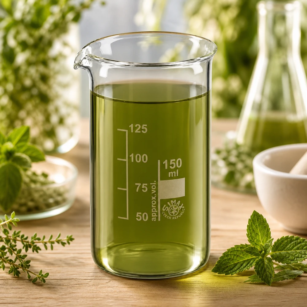 Szklanka o pojemności 150 ml, wysoka, z zielonym płynem ziołowym, otoczona świeżymi ziołami leczniczymi