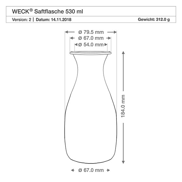 Zestaw 24 słoików Weck 530 ml, butelki na sok Rysunek techniczny butelki na sok WECK 530ml o wymiarach Średnica 67mm Wysokość 184mm Waga 312g