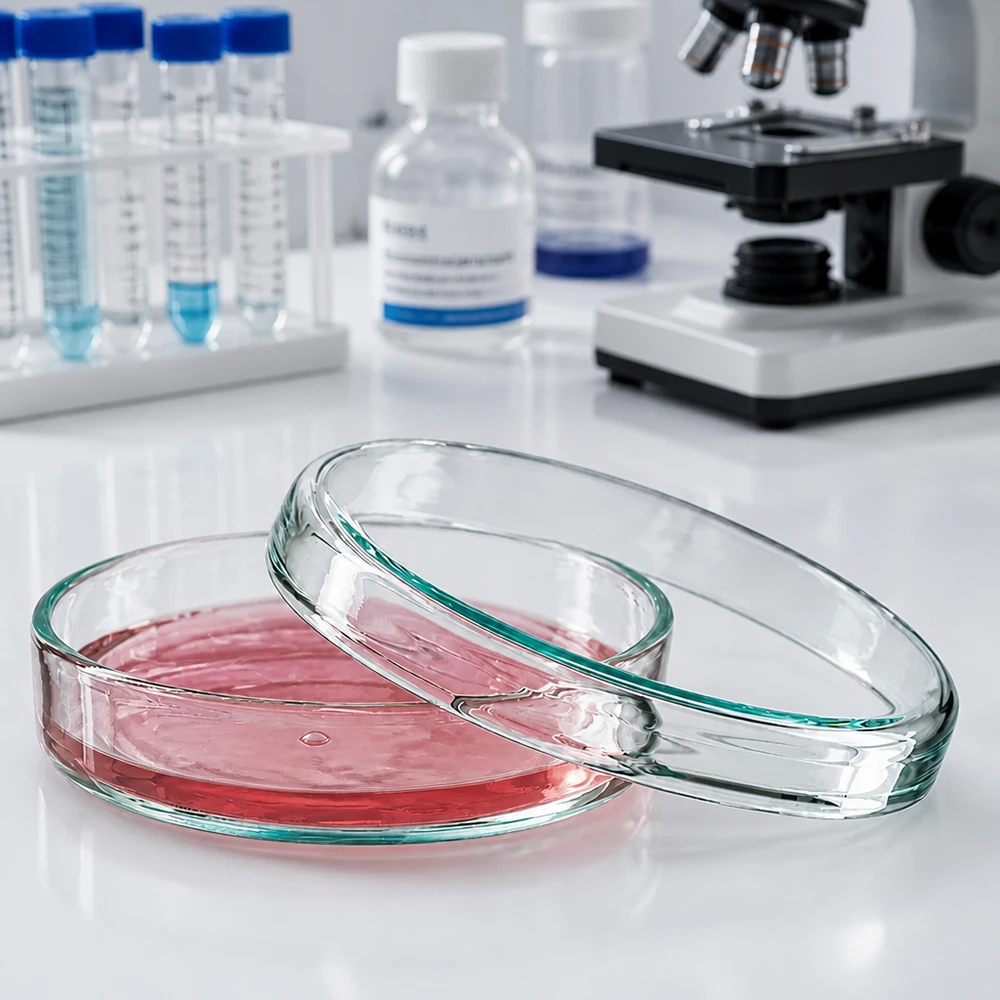 Szalka Petriego 70x15mm szklana Szklana szalka Petriego o wymiarach 70 x 15 mm z czerwoną pożywką i zdjętą pokrywką w laboratorium mikrobiologicznym