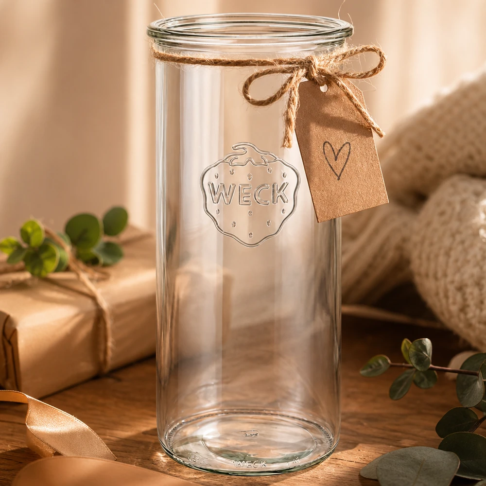 Kubki WECK 1500ml RR100 z zawieszką w kształcie serca i kokardą na drewnianym stole ozdobionym zielonymi roślinami