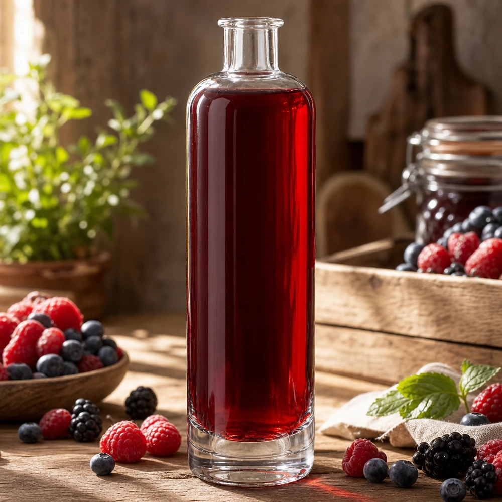 Szklana butelka Ella UNiTWIST o pojemności 500 ml wypełniona sokiem z czerwonych jagód w otoczeniu świeżych malin i borówek.
