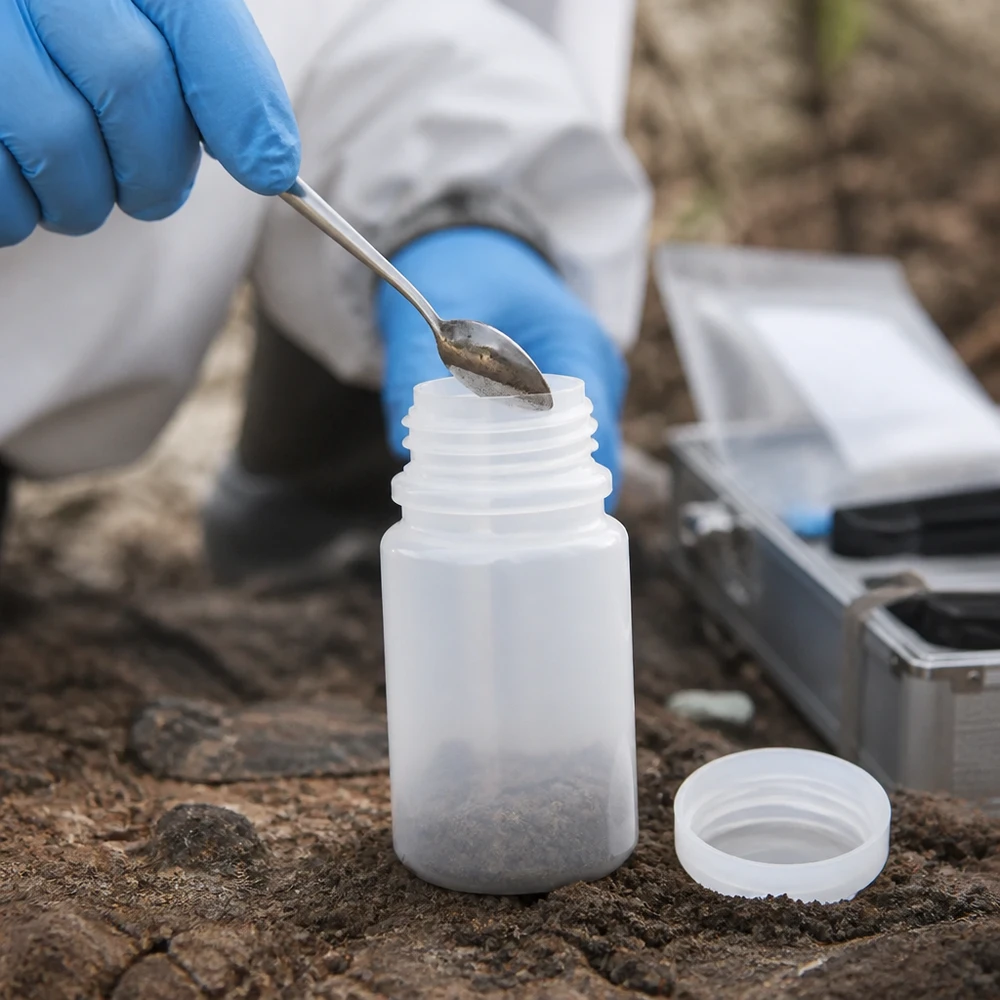 Analiza gleby w terenie przy użyciu plastikowej butelki laboratoryjnej o szerokiej szyjce o pojemności 50 ml oraz łyżeczki na świeżym powietrzu