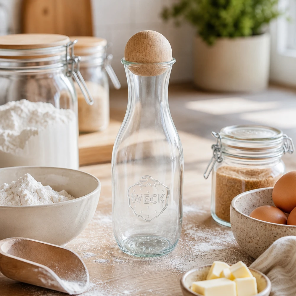 Butelka na sok WECK 1062ml RR60 z drewnianą kulką w kuchni do pieczenia między mąką, jajkami, masłem i słoikami na przetwory na drewnianej desce