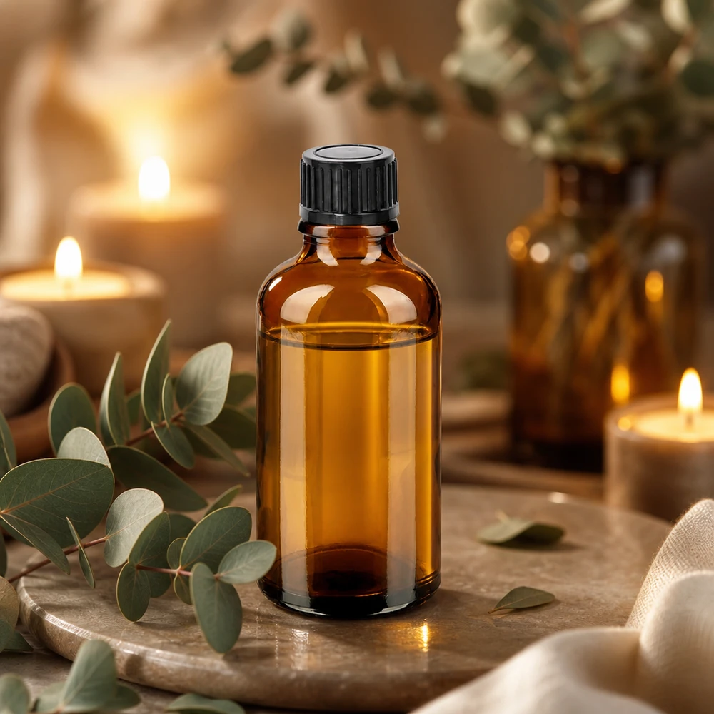 Kompaktowa butelka o pojemności 50 ml wykonana z brązowego szkła chroniącego przed promieniowaniem UV z czarnym wieczkiem do aromaterapii