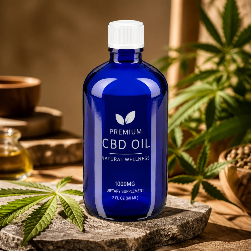 Medyczna butelka ze szkła niebieskiego o pojemności 100 ml z białą nakrętką zabezpieczoną przed dziećmi, przeznaczona do produktów z olejem CBD