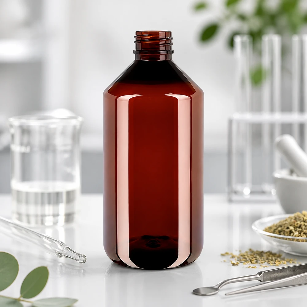Butelka PET 750 ml z czerwoną nakrętką OV Butelka PET w kolorze bursztynowym o pojemności 750 ml bez nakrętki, stojąca na białym stole laboratoryjnym z ziołami