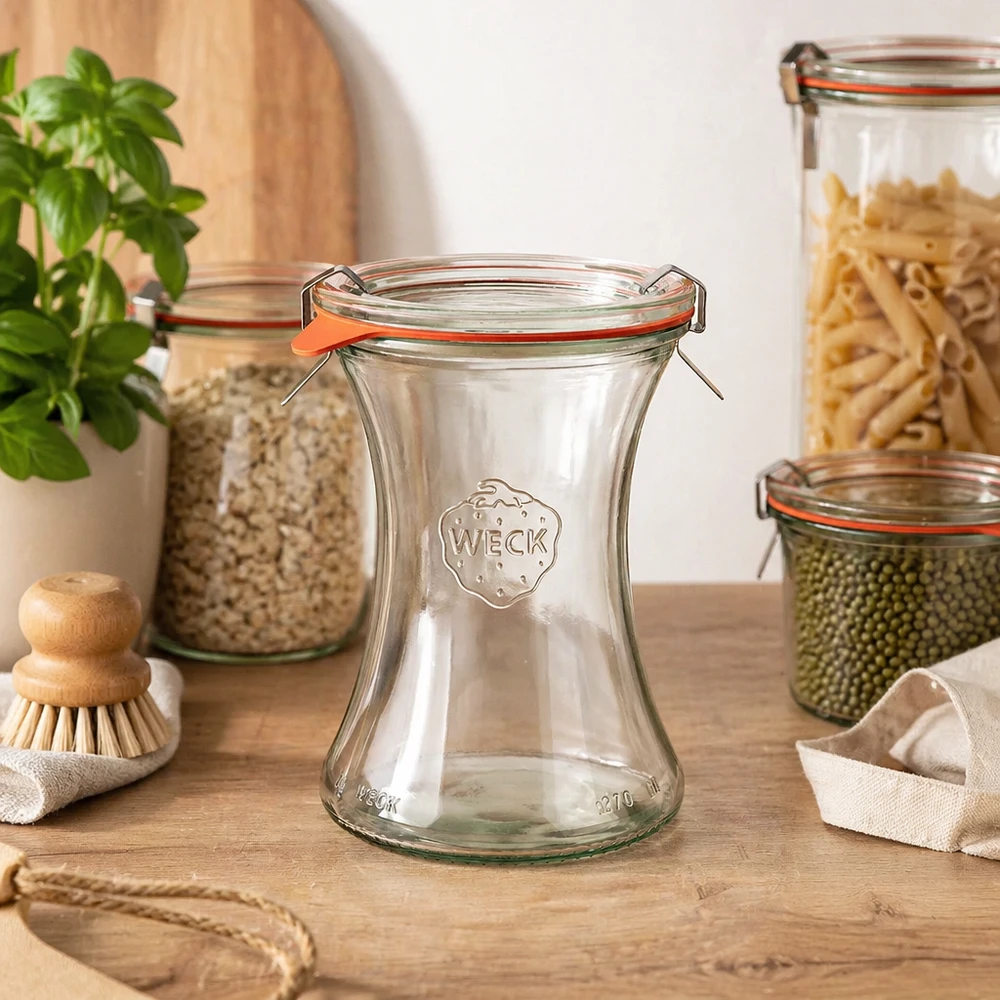 Słoik delikatesowy o pojemności 370 ml, kompletny, WECK RR80 WECK słoik delikatesowy 370ml RR80 w kuchni do przechowywania między wypełnionymi słoikami z makaronem soczewicą bazylią