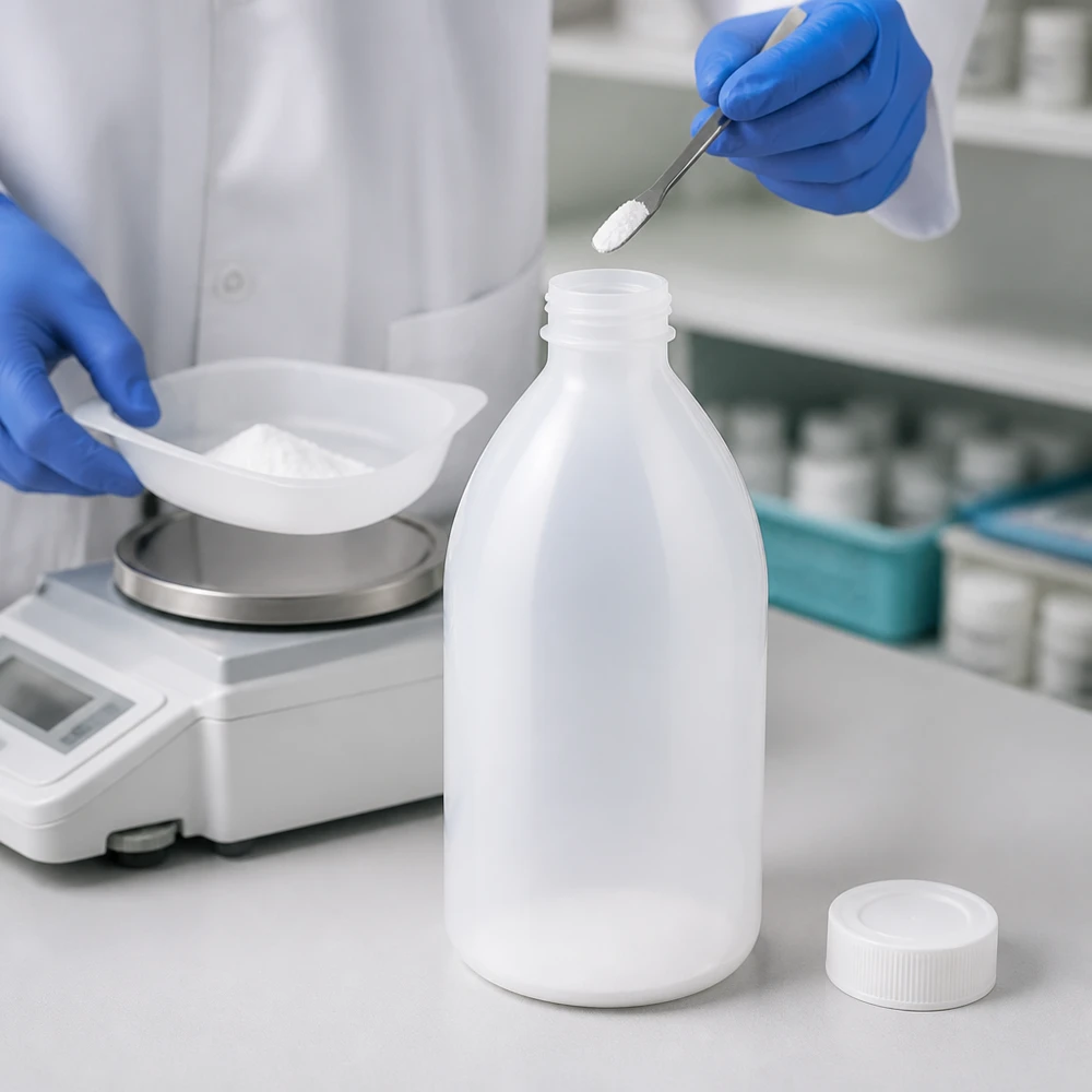 Chemikalienflasche 1000ml Enghals beim professionellen Abfüllprozess mit Schutzhandschuhen
