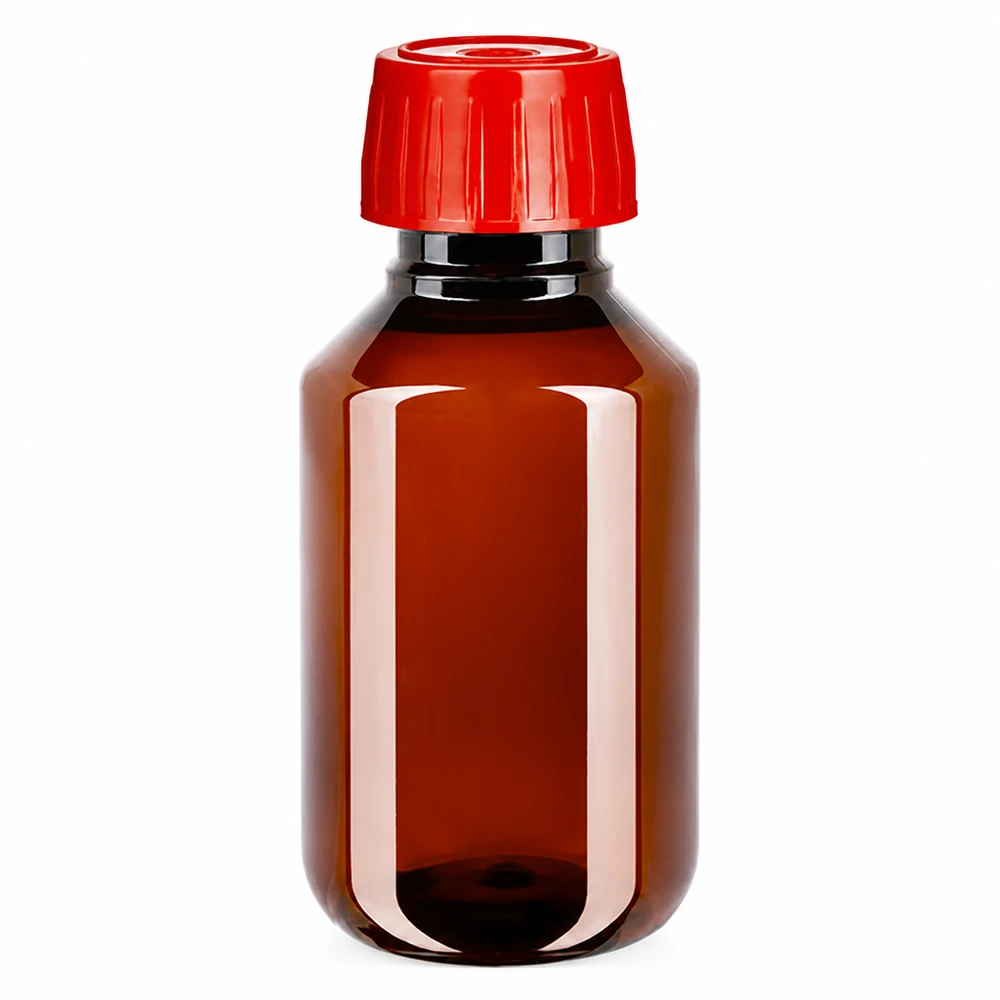 Butelka PET o pojemności 100 ml w kolorze bursztynowym z czerwonym korkiem odpowietrzającym, zapewniającym bezpieczne przechowywanie