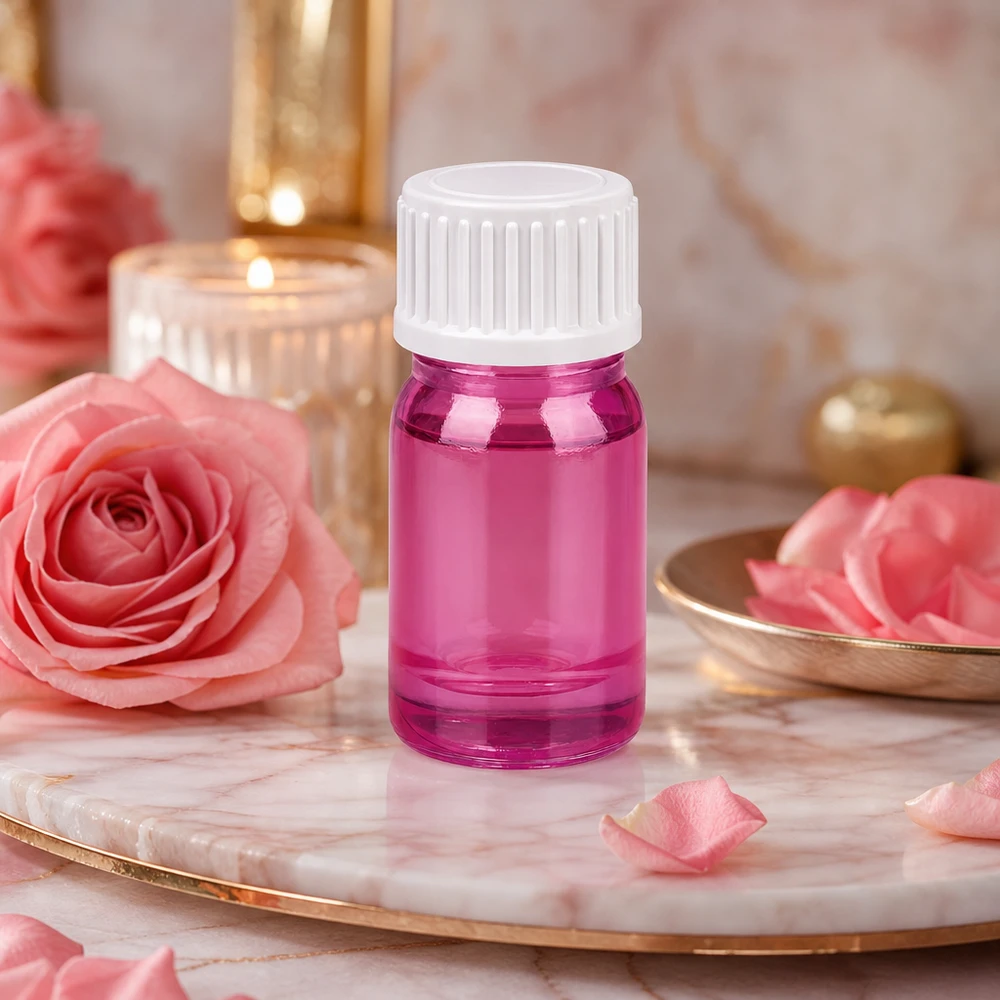 Butelka 5 ml (kuleczka) 3 mm pierścień do nalewania biały standardowy PurpleLine UT18/5 Szklana butelka o pojemności 5 ml z wzorem PurpleLine i białą zakrętką do produktów kosmetycznych i olejków eterycznych