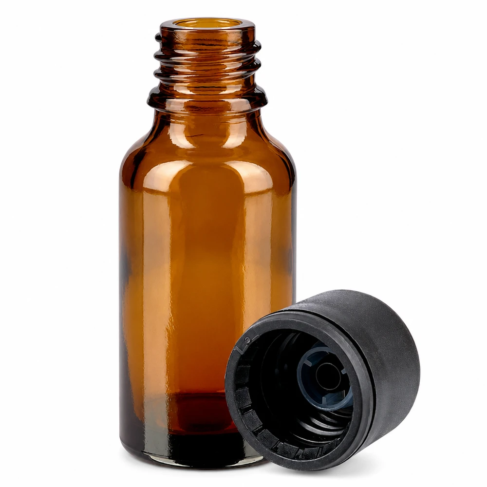 Butelka 20 ml 6 mm SV czarna STD BrownLine UT18/20 Mała buteleczka z bursztynowego szkła o pojemności 20 ml z zakrętką do aromaterapii i kosmetyków naturalnych
