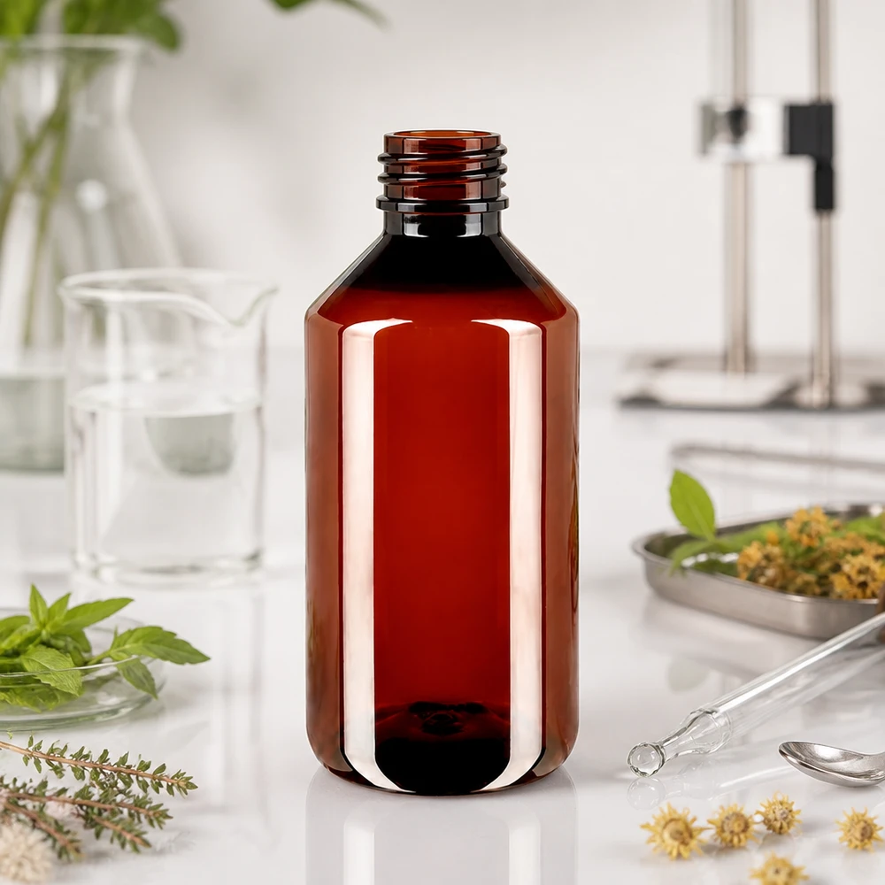 Pusta, okrągła butelka PET o pojemności 750 ml w kolorze brązowym z gwintem do zakręcania, przeznaczona do zastosowań laboratoryjnych