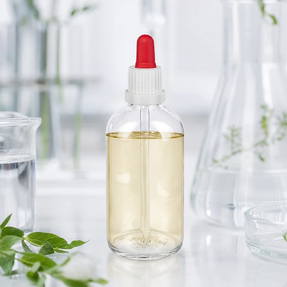 Przezroczysta butelka laboratoryjna o pojemności 100 ml z czerwoną silikonową nakrętką i białym zamknięciem z pipetą ClearLine