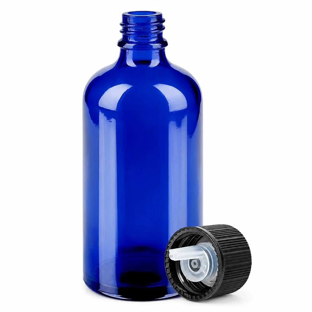 Szklana butelka 100 ml w kolorze niebieskim z zakraplaczem 1 mm i czarną zakrętką do precyzyjnego dozowania