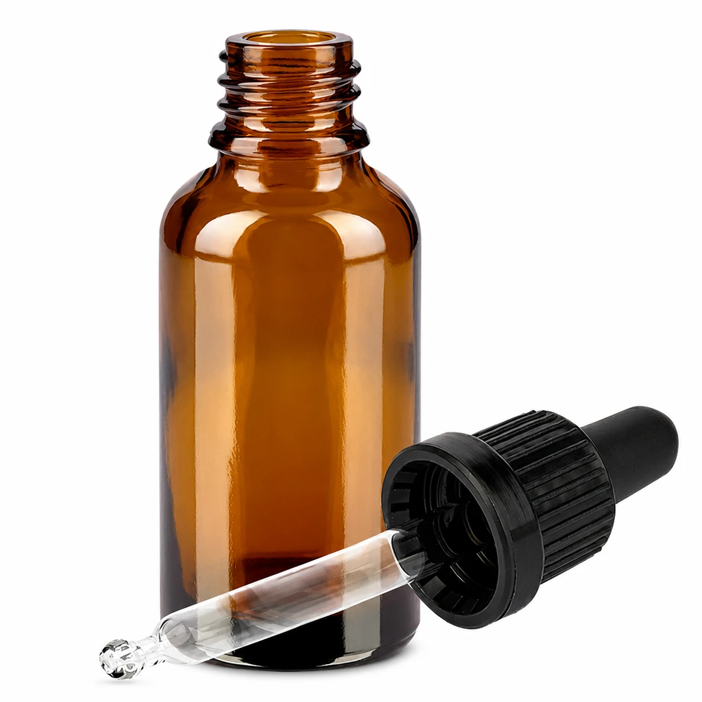30 ml butelka z pipetą, czarna OV BrownLine UT18/30 Butelka z pipetą o pojemności 30 ml wykonana z bursztynowego szkła z pipetą z kroplomierzem i czarnym gwintem do precyzyjnego dozowania.