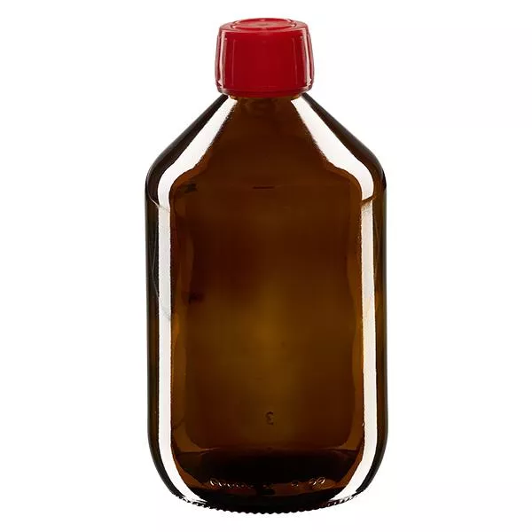 Butelka na lek 500 ml brązowa, czerwona zakrętka z pierścieniem zabezpieczającym ApoGlas. Farmaceutyczna jakość produkcji UE. Gwint 28 mm (PP28). (syrop, butelka z lekkiego szkła) Butelka na lek 500 ml brązowa, czerwona zakrętka z pierścieniem zabezpieczającym ApoGlas. Farmaceutyczna jakość produkcji UE. Gwint 28 mm (PP28). (syrop, butelka z lekkiego szkła)