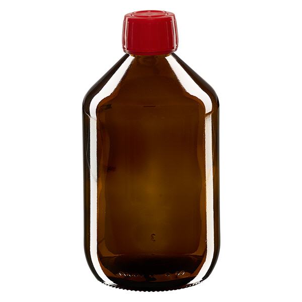 Butelka na lek 500 ml brązowa, czerwona zakrętka z pierścieniem zabezpieczającym ApoGlas. Farmaceutyczna jakość produkcji UE. Gwint 28 mm (PP28). (syrop, butelka z lekkiego szkła) Butelka na lek 500 ml brązowa, czerwona zakrętka z pierścieniem zabezpieczającym ApoGlas. Farmaceutyczna jakość produkcji UE. Gwint 28 mm (PP28). (syrop, butelka z lekkiego szkła)