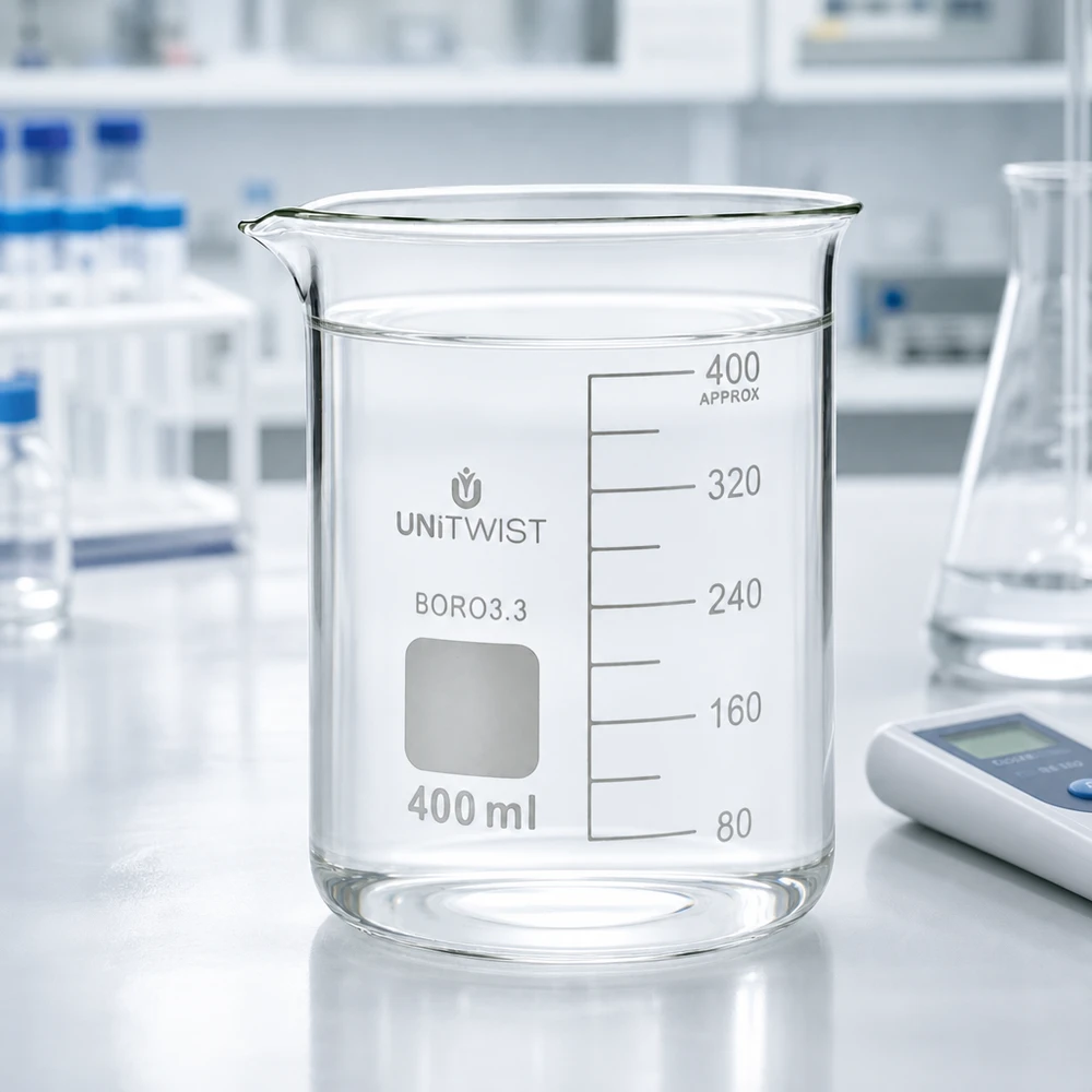 Zlewka 400ml borokrzemianowa, niski kształt UNiTWIST Szklanka laboratoryjna UNiTWIST o pojemności 400 ml, wykonana ze szkła borokrzemowego klasy 3.3, z wylewką i białym polem do opisywania