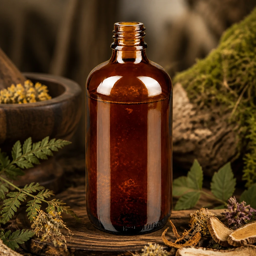100 ml brązowa butelka apteczna ApoGlas z paprociami, grzybami i ziołami w naturalnym środowisku leśnej apteki