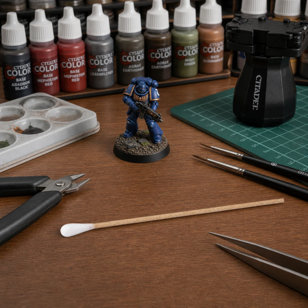 Niestylizowane patyczki kosmetyczne podczas malowania figurek Space Marine z serii Warhammer 40K na drewnianym stole