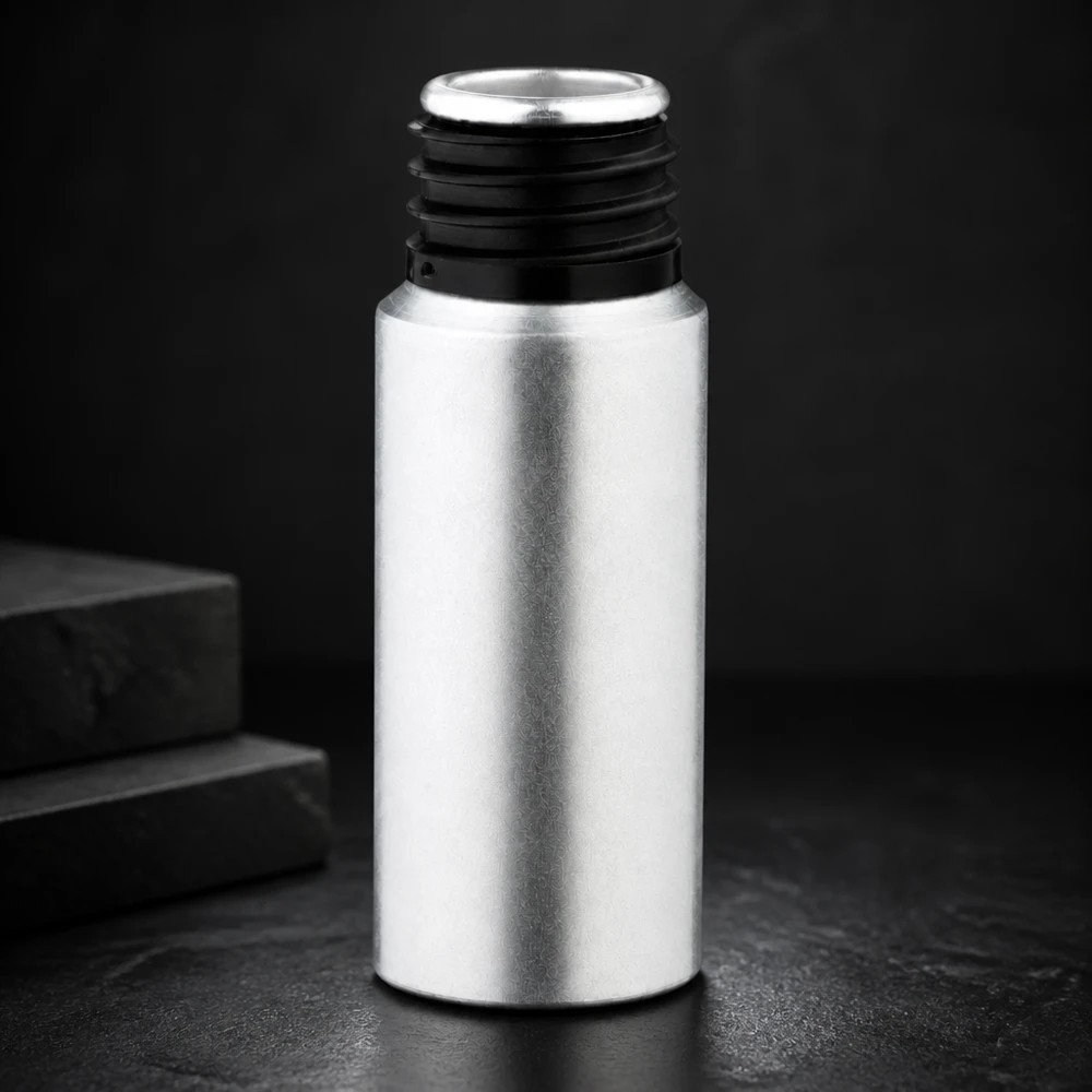Butelka z barwionego aluminium o pojemności 20 ml Elegancka aluminiowa butelka o pojemności 20 ml z matowym srebrnym wykończeniem i ergonomiczną konstrukcją