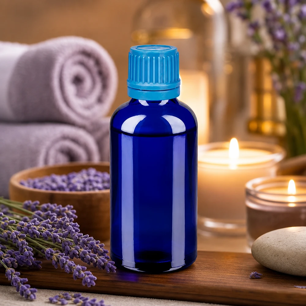Butelka 50 ml 11 mm SV niebieski OV BlueLine UT18/50 50 ml szklana butelka w kolorze kobaltowego błękitu z bezpiecznym zamknięciem do olejków eterycznych i aromaterapii