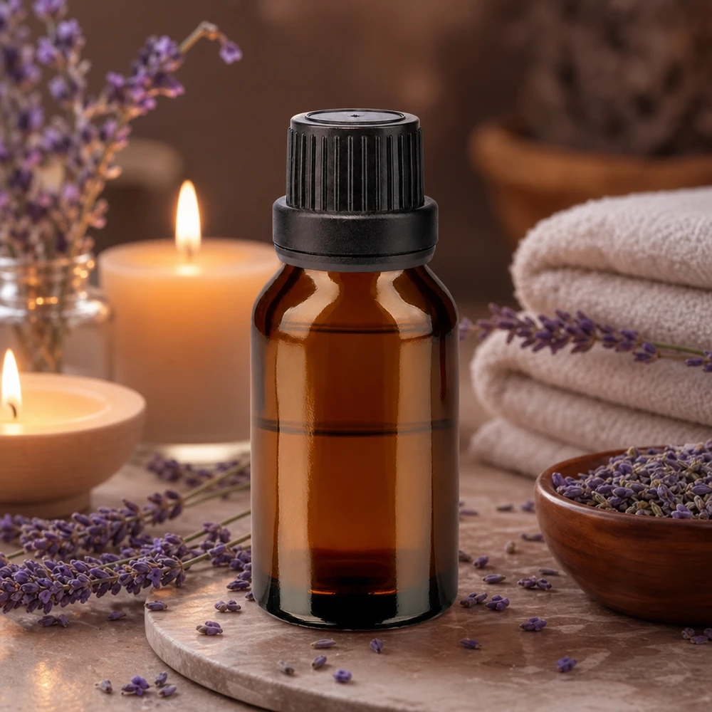 Butelka apteczna brązowa 30ml zakrętka czarna szczelna OV Brązowa buteleczka apteczna o pojemności 30 ml z lawendą i świecami w aranżacji wellness