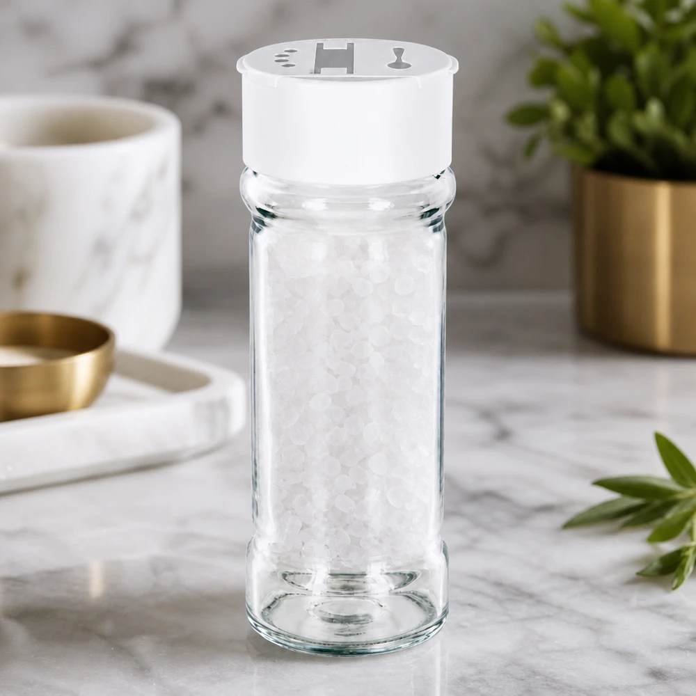 Przezroczysty słoik na przyprawy o pojemności 100 ml z białą podwójną solniczką na marmurowym podkładce, wypełniony gruboziarnistą solą morską
