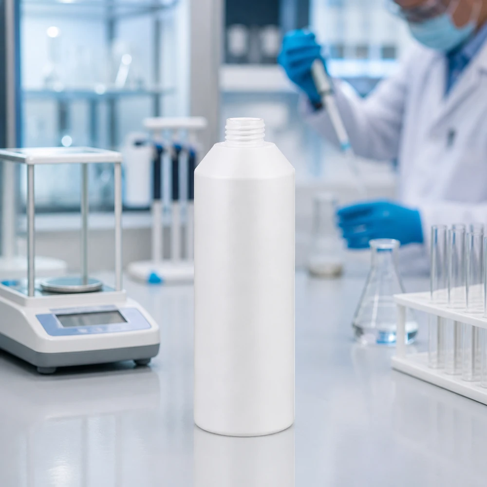 Pusta, biała butelka apteczna o pojemności 250 ml, wykonana z HDPE, bez nakrętki, na białym stole laboratoryjnym