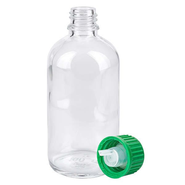 100 ml z kroplomierzem 0,8 mm zielony STD ClearLine UT18/100 100 ml przezroczysta szklana butelka z zakraplaczem ClearLine z zieloną nakrętką zabezpieczającą przed dziećmi i wkładem zakraplającym o średnicy 0,8 mm