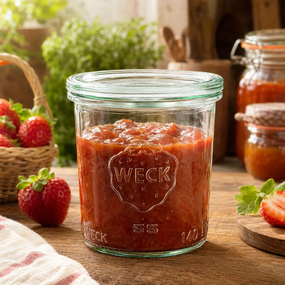 Słoik WECK 140 ml z pokrywką szklaną RR60 | Najwyższa jakość Słoik do przetworów WECK 140ml RR60 wypełniony dżemem truskawkowym na drewnianym stole z dekoracją ze świeżych truskawek