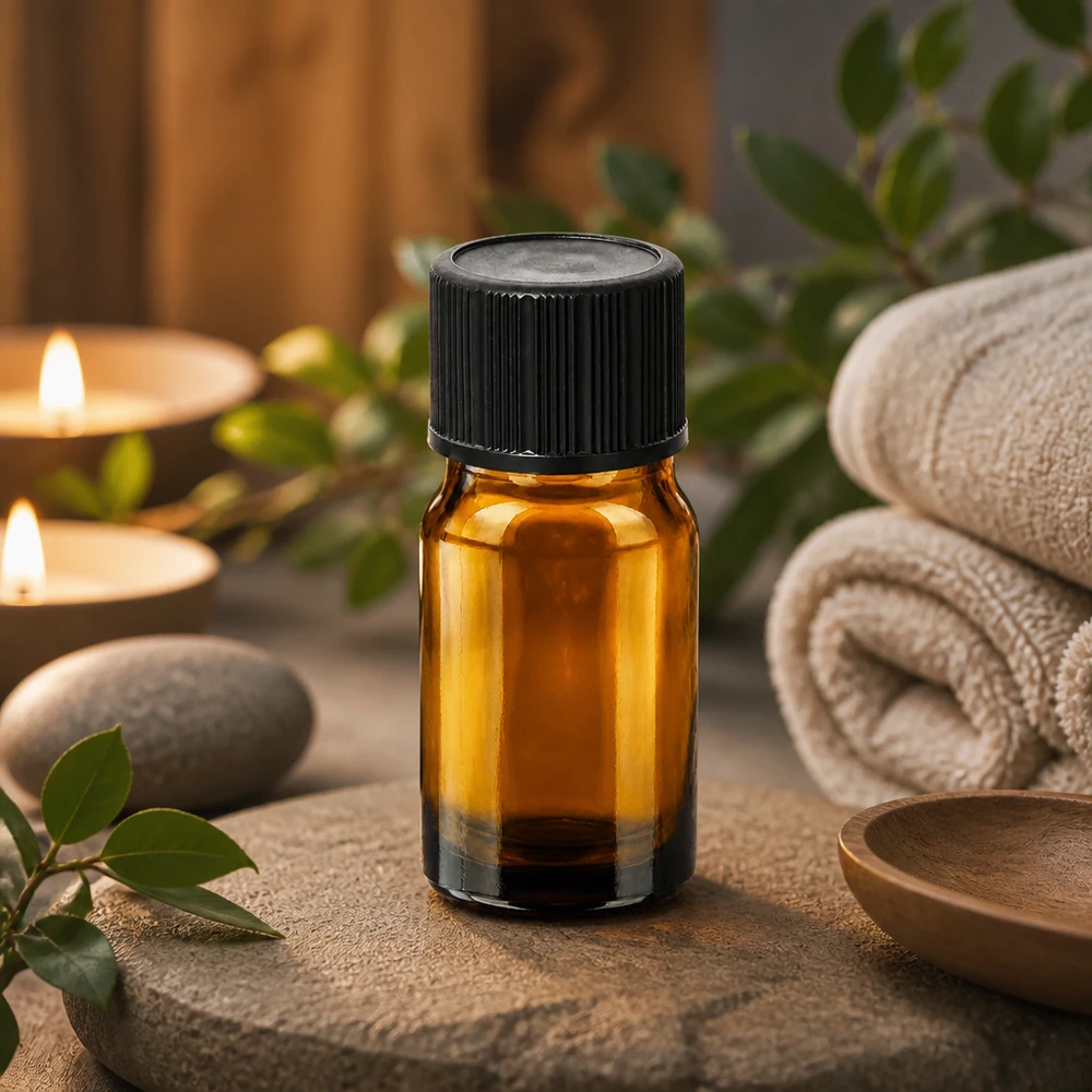 Butelka z zakraplaczem 5 ml 1 mm czarna STD BrownLine UT18/5 Mała butelka z bursztynowego szkła o pojemności 5 ml z czarną nakrętką, idealna do aromaterapii i odnowy biologicznej.
