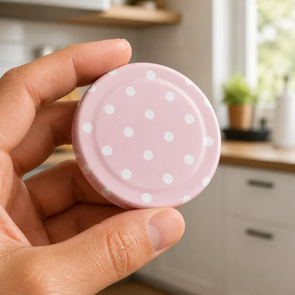 58mm BasicSeal Deckel Punkte rosa matt (TO58) UNiTWIST Pokrywka BasicSeal 58 mm, matowa różowa z białymi kropkami, trzymana w dłoni w kuchni