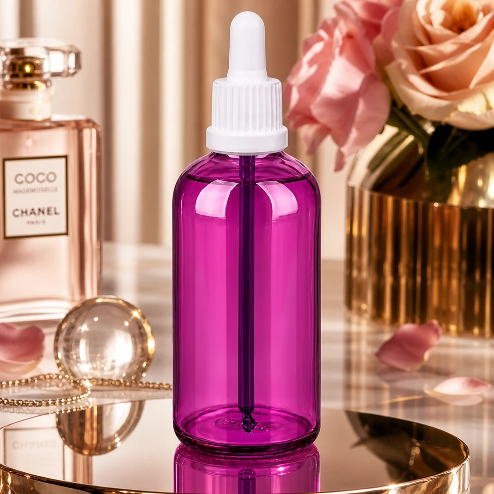Butelka z pipetą PurpleLine 100 ml w kolorze fioletowym z białym zakraplaczem do aromaterapii i pielęgnacji skóry