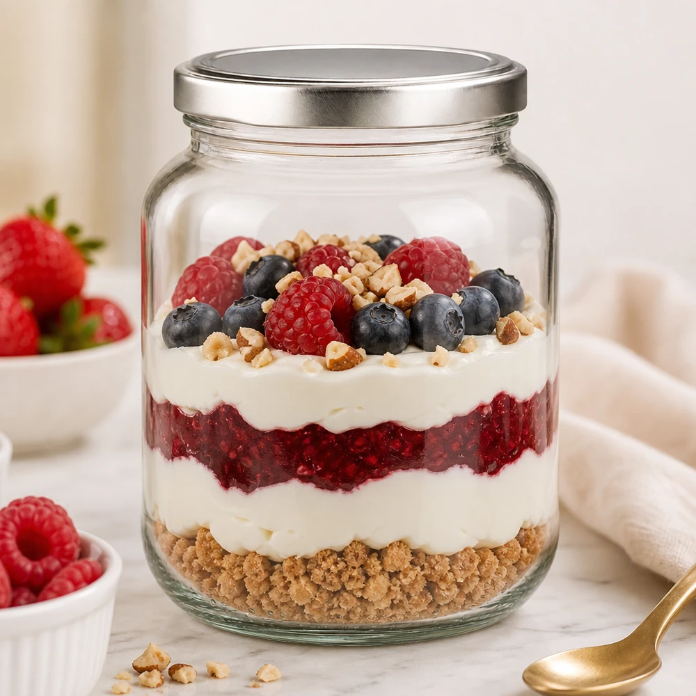 370 ml słoik owalny z pokrywką BasicSeal, srebrny UN.. 370ml Ovalglas BasicSeal als stylischer Dessertbehälter für geschichtetes Beerentrifle mit Joghurt und Nüssen